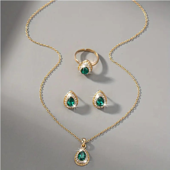 Water Drop Gem Jewellery Set - 4 Piece Necklace Earring | Zenvyras